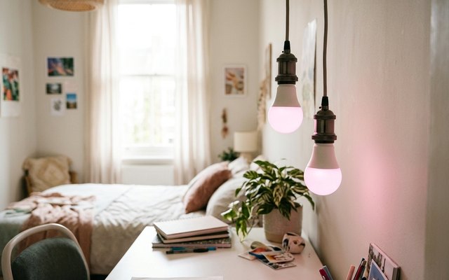 Two colour smart bulbs hanging as twin pendants over a desk, glowing pink
