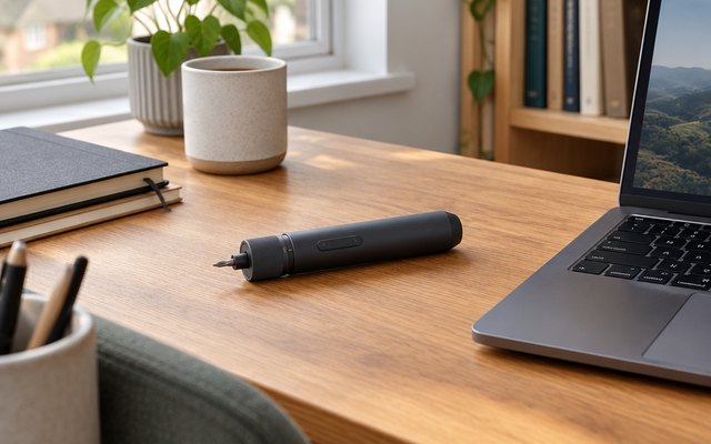 Electric screwdriver, on a desk beside an open laptop in a British home office