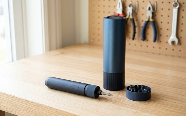 A navy cordless screwdriver with its bits in a metal case on a workbench