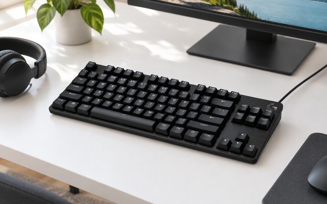 Logitech G413 TKL SE Mechanical Keyboard, on a white desk with a monitor, a plant and headphones