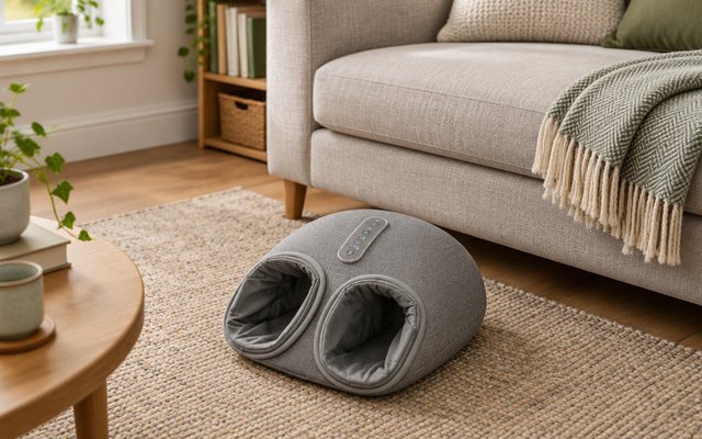 Foot massager, on the rug in front of a sofa in a cosy British living room, a folded throw on the sofa