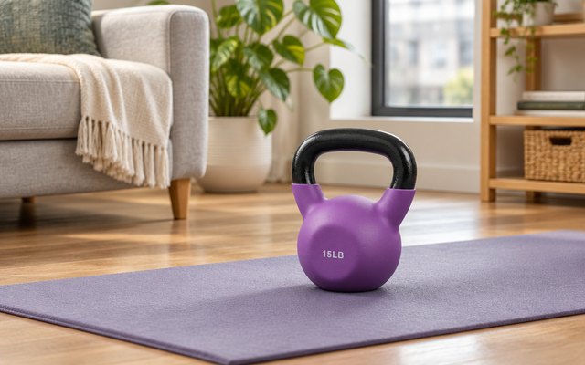 Yes4All neoprene kettlebell, on a yoga mat on the wooden floor of an apartment living room