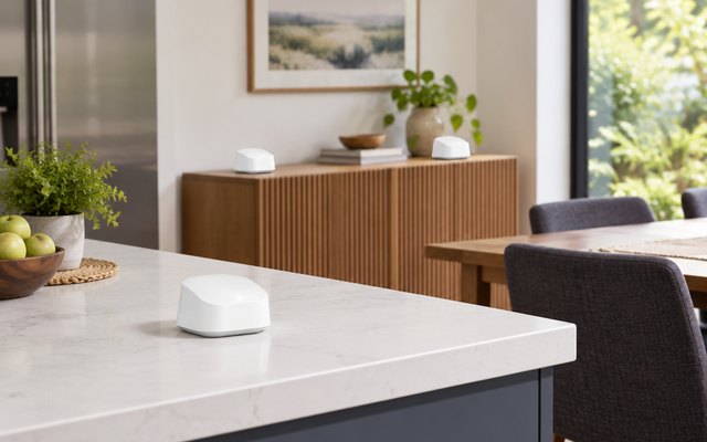 Amazon eero 6+ mesh system, one unit on a kitchen counter, another on a dining room sideboard behind