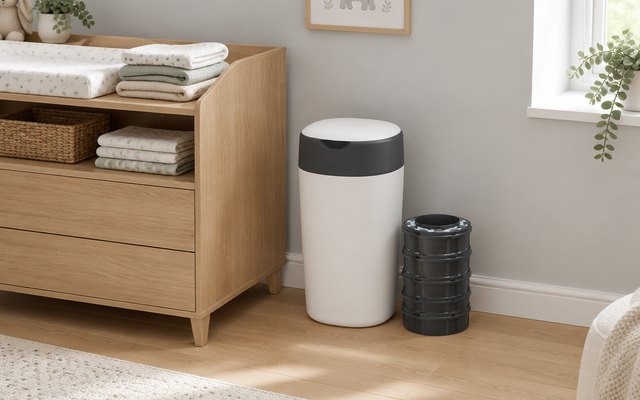 Nappy bin, next to a wooden changing table with folded muslins, pale grey nursery walls