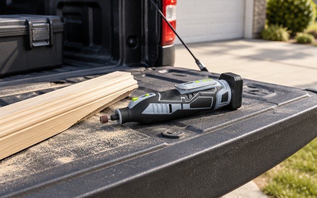 Cordless rotary tool with battery, on the tailgate of a pickup truck in a driveway beside a piece of trim wood