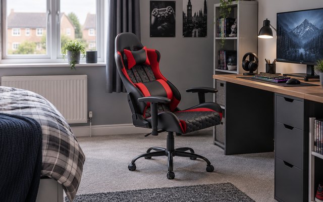 Gaming chair, by a desk in a teenager's bedroom in a British home