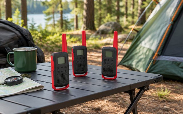 Motorola Talkabout T210 walkie-talkies, on a camp table beside a tent at a forest campground