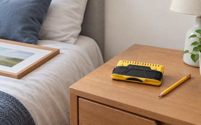 Franklin ProSensor stud finder, on a bedside table beside a pencil, a framed picture waiting on the bed