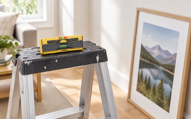 Franklin ProSensor M210, lying on top of a step ladder in a bright living room beside a framed picture waiting to be hung