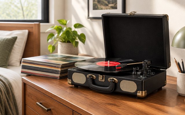 Retrolife R609 Bluetooth Suitcase Record Player, on a desk in a bedroom beside a stack of records