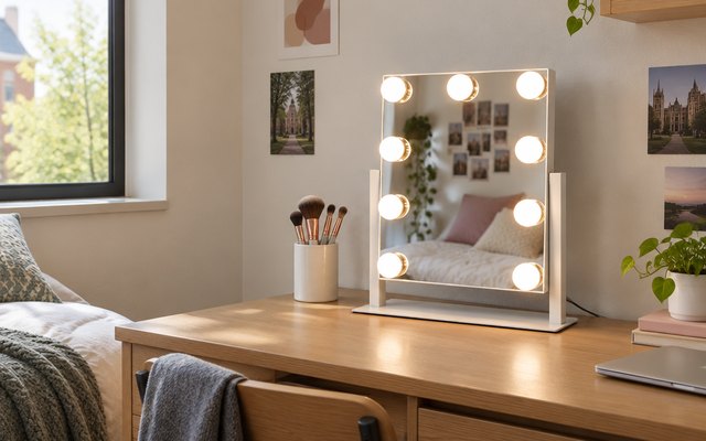 Kotdning Hollywood vanity mirror, on a desk in a college dorm room beside a few makeup brushes in a cup