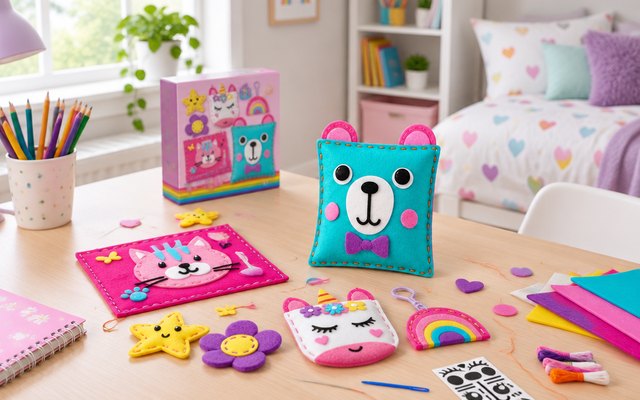 Kids' felt sewing kit, a finished felt animal and the kit's felt pieces on a kid's desk in a bright bedroom