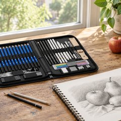 Prina sketching kit, on an artist's table by a large window beside a sketchbook with a pencil still life drawing of fruit