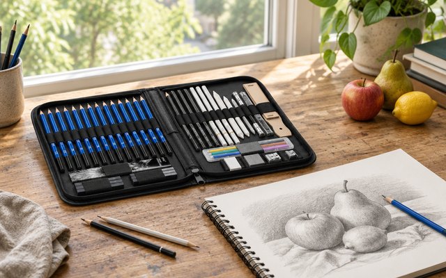 Prina sketching kit, on an artist's table by a large window beside a sketchbook with a pencil still life drawing of fruit