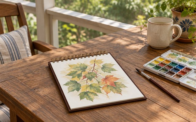 MOFUNY mixed media sketchbook, on a wooden table on a screened porch beside a small watercolor palette