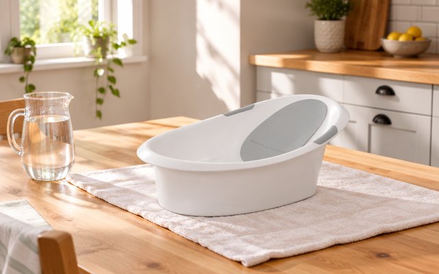 Newborn baby bath, on a towel on a kitchen table in morning light, a jug of water beside it