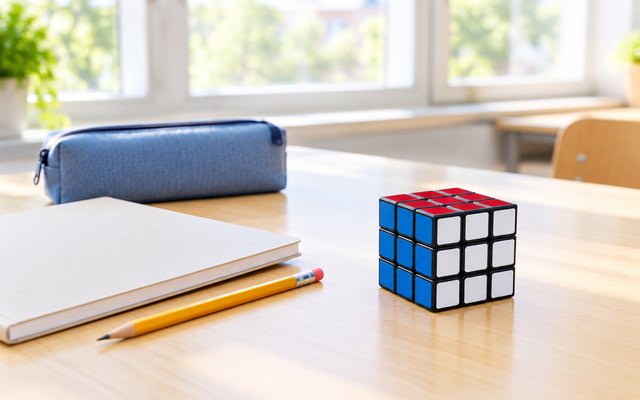 Classic 3x3 puzzle cube on a classroom table