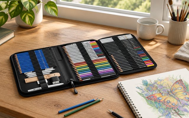 Prina 76-piece sketching kit, on a wooden desk by a window beside a sketchbook