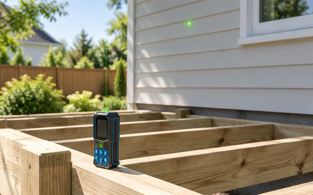 Bosch Blaze GLM165-25G, on the frame of a new wooden deck being built in a sunny backyard, a small green laser dot on the house siding