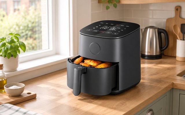 COSORI air fryer, on a kitchen counter by the window of a small kitchen, a kettle in the background
