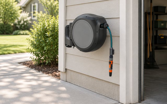 Gardena retractable hose reel, mounted on the outside wall of a garage beside the driveway, the hose pulled out a little with its nozzle hanging