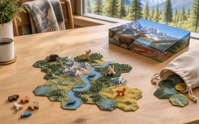Cascadia, hexagonal tiles and wildlife tokens on a table