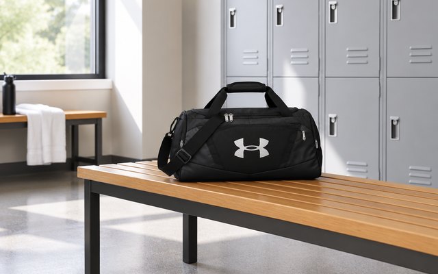 Under Armour Undeniable duffle bag, on a wooden bench in a bright gym changing room