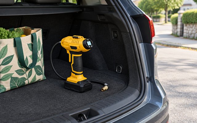 Cordless pistol-grip tire inflator in an open car trunk