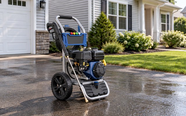 Gas pressure washer, on a paved driveway in front of a two-story house with vinyl siding