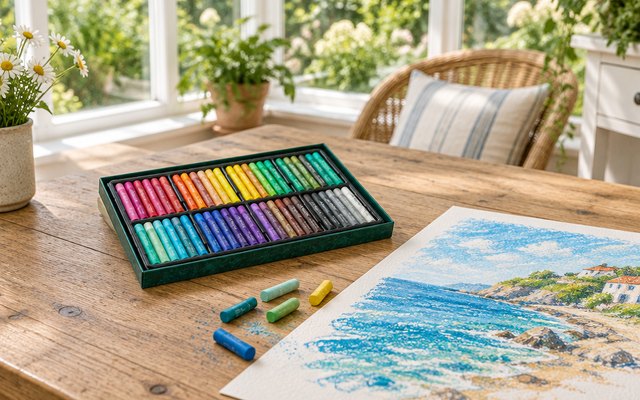 Artecho oil pastels, the open box on a table beside a half-finished pastel drawing of a seaside scene in a bright conservatory