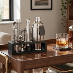MixMate 15-piece bartender kit, on a walnut bar cart in a living room beside a rocks glass and an unlabeled bottle of bourbon