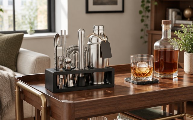 MixMate 15-piece bartender kit, on a walnut bar cart in a living room beside a rocks glass and an unlabeled bottle of bourbon