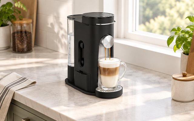 Black single-serve coffee maker with a latte under the spout by a window