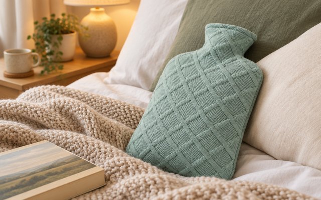 FORICOM 2L Hot Water Bottle with Cover, hot water bottle in its cover tucked on a cozy bed with a knitted throw and a book, warm lamp light