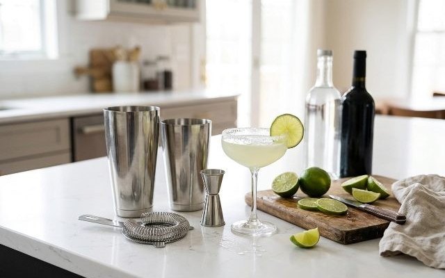 Two steel shaker tins, a strainer and a jigger on a white kitchen island beside a margarita and cut limes