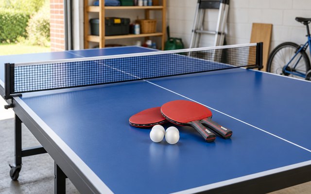 JOOLA Duo Pro table tennis set, lying on a blue table tennis table in a bright British garage, the net up
