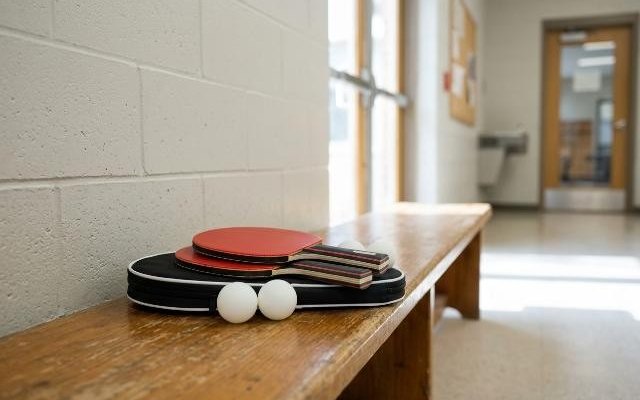 Two red table tennis paddles and three balls on their black case on a wooden bench