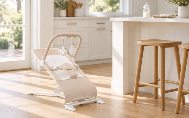Baby Delight Alpine Deluxe Portable Bouncer, portable baby bouncer on a kitchen floor near a sunny island, a baby bottle on the counter above