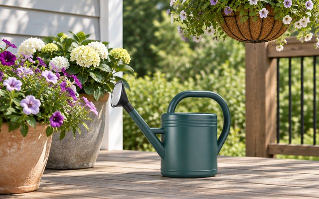 Nerub 1-gallon watering can, on a wooden deck beside potted flowers and a hanging basket