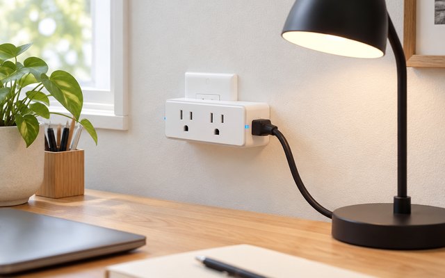 Govee Dual Smart Plug H5082, in a wall outlet in a home office with a desk lamp plugged in