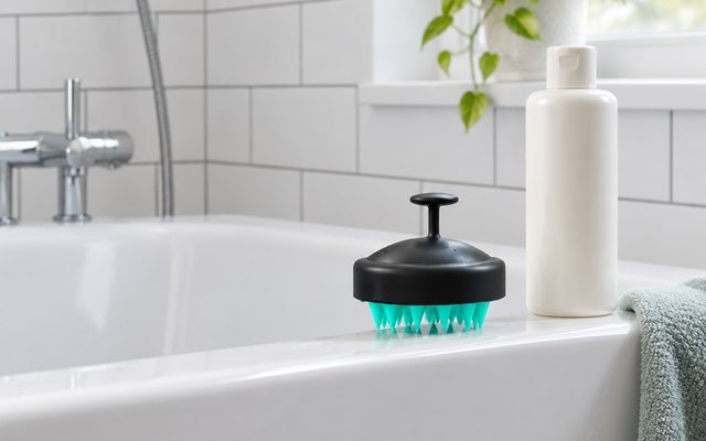 HEETA scalp massager, resting on the edge of a white bath beside an unlabelled shampoo bottle in a bright British bathroom with metro tiles