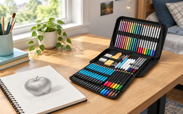 Soucolor sketching kit, on a desk by a window in a teen's bedroom, beside a sketchbook with a pencil still-life of an apple
