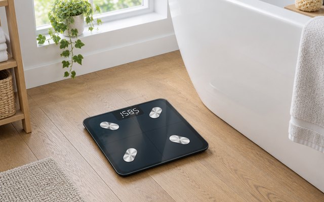 Etekcity smart scale, on the wooden floor of a bright bathroom beside a white bath