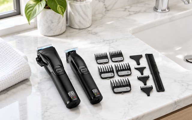 Novah clipper and trimmer set, lying side by side on a clean white marble bathroom counter beside the sink