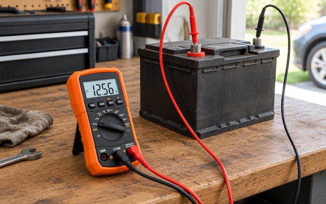 Crenova digital multimeter, on a garage workbench beside a car battery