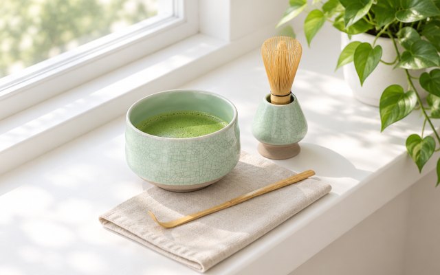 A blue-green crackle-glaze matcha bowl with a bamboo whisk on its holder and a scoop on a linen napkin on a sunny windowsill