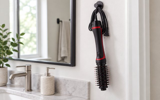 Revlon One-Step Volumizer Plus, hanging on a hook beside a bathroom mirror, cord neatly looped