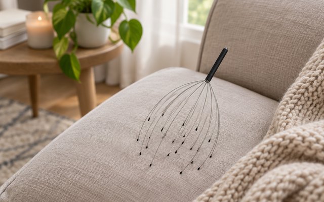 USAGA 20-finger head massager, on a couch cushion beside a knit throw in a cozy living room