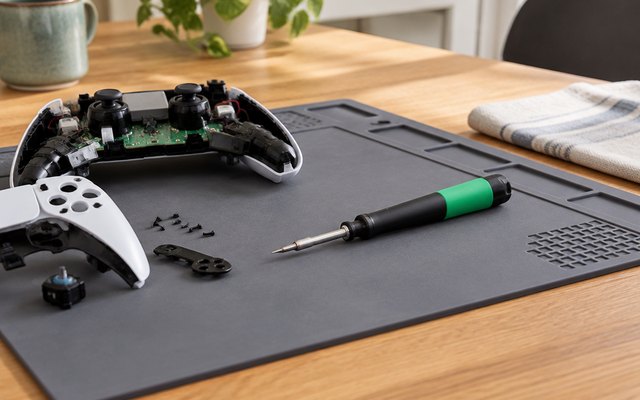 Pinecil smart soldering iron, lying on a silicone mat on a kitchen table beside an open game controller being repaired