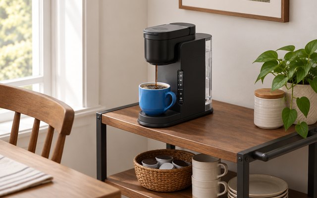 Keurig K-Express coffee maker, on a small wooden coffee cart in the corner of a dining room